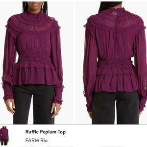 Farm Rio Burgundy Ruffle High Neck Blouse NWT